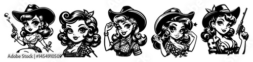 retro pin-up style vector portraits of cowgirls with hats, black and white cartoon line art
