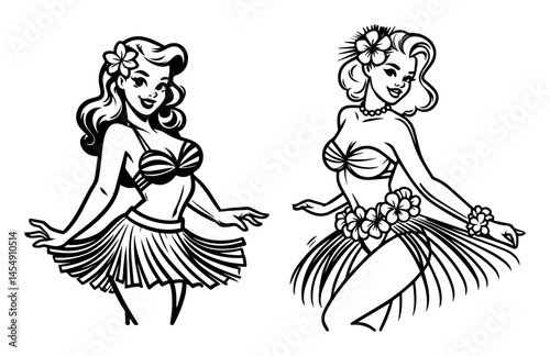 black and white vector of two retro pin-up hula girls dancing in grass skirts and flower leis