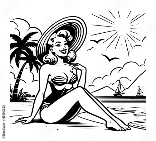 Seaside Daydream – Smiling Pin-Up Girl in Wide Hat on Tropical Shore with Sailboats and Sunshine, Bold Retro Vector