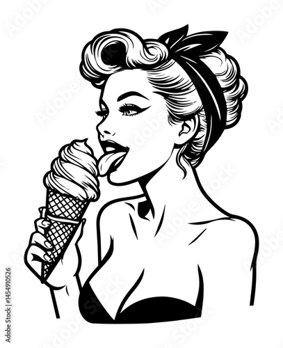 pin-up girl licking ice cream cone, classic retro fashion portrait with 50s hairstyle and bold expression