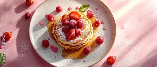 Wallpaper Mural Pancakes topped with berries, syrup, and powdered sugar sit on a plate against a soft pink background, inviting indulgence. Torontodigital.ca