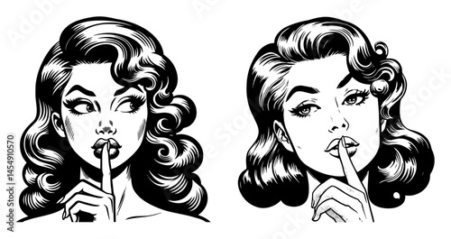 Hush-Hush Beauties – Duo of Retro Pin-Up Girls Gesturing ‘Shh’, Elegant Black-Line Portraits