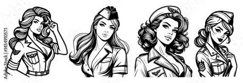 retro pin-up portraits of four military women in uniform, vintage black and white vector set