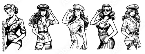 five stylish pin-up girls in uniform, vintage black and white illustration with military theme