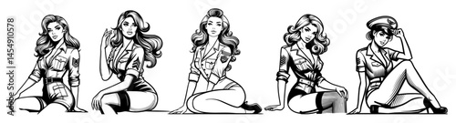 Sitting Flight Attendants Pin‑Up Pack – Classic Retro Vector