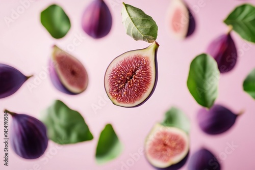 Fresh figs and leaves on pink background