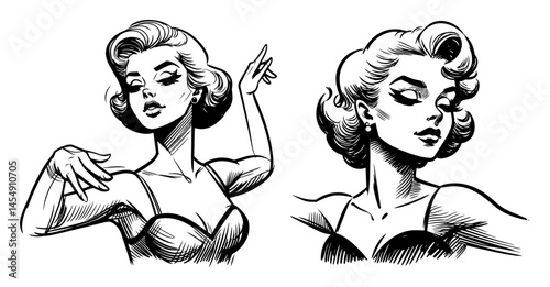 Classic Glamour Duo – Elegant Shoulder-Up Pin-Up Portraits with Flirty Gestures, Chic Black-Line Vector