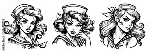 Vintage Sailor Girl Portrait Collection – Classic Pin‑Up Vector