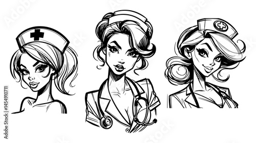 Medical Pin-Up Trio – Nurse, Doctor and Paramedic with Stethoscope, Bold Black-White Vintage Vector