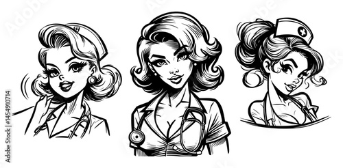 Healthcare Pin-Up Trio – Cheery Receptionist, Confident Doctor and Cute Nurse, Elegant Black-Line Vector Set