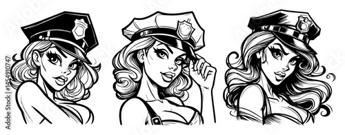 black and white vector portraits of pin-up style policewomen in uniform and hats, tattoo-inspired