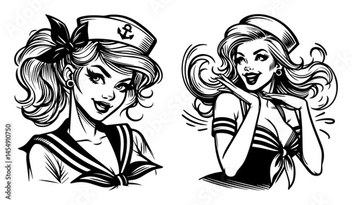 pin-up style sailor women with sailor hats and wavy hair, black and white vector in tattoo style