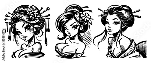black and white tattoo-style vector set of geisha women with traditional hair and floral accessories