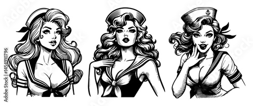 Four Sailor Beauties in Nautical Attire – Monochrome Pin‑Up Vector Pack