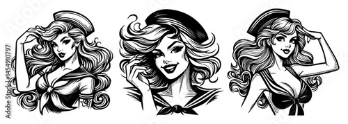 Sailor Pin‑Up Trio with Nautical Hats – Retro Vector Set