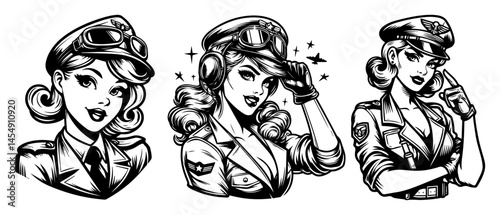 pin-up women in military uniforms and pilot gear, black and white retro vector with confident poses
