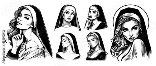 vintage pin-up nuns black and white vector