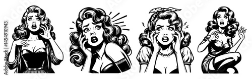 set of surprised retro women drawn in pin-up style, expressive black and white vector illustrations