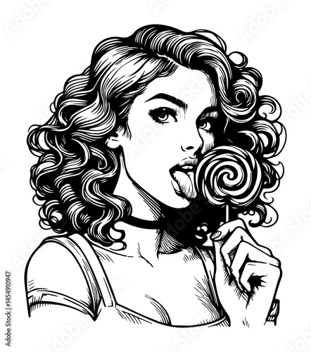retro pin-up girl licking lollipop, bold and seductive black and white vector portrait