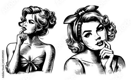 retro pin-up girls black and white vector