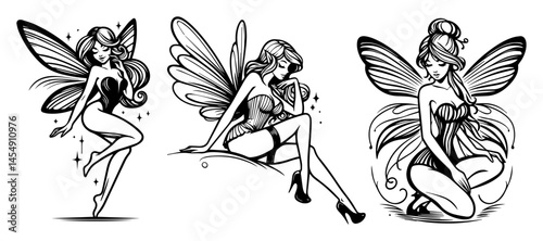 fantasy fairies black and white vector set