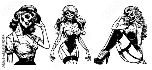 pin-up women with sugar skull makeup vector