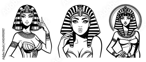 Egyptian Goddess Pin-Up Set – Regal Femmes with Nemes Stripes and Scarab Jewelry, Bold Black-White Vector Illustrations