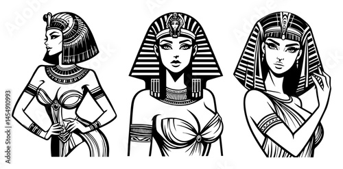 Ancient Egypt Pin-Up Trio – Cleopatra-Inspired Queens with Ornate Headdresses, Elegant Black-Line Vector Collection