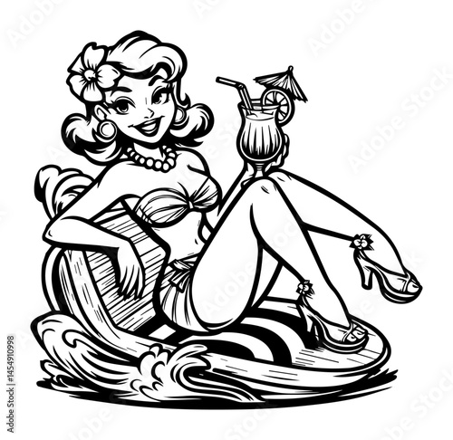 pin-up style woman lounging with tropical drink, playful black and white vector art