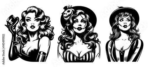 Gothic Pin‑Up Girls with Raven & Cross – Dark Retro Vector Collection