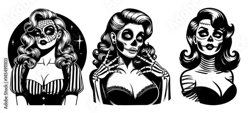 Day of the Dead Pin‑Up Beauties with Sugar Skulls – Calavera Vector