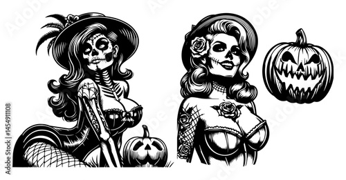 Halloween Pin‑Up Girls with Jack‑O‑Lanterns – Spooky Retro Vector Set