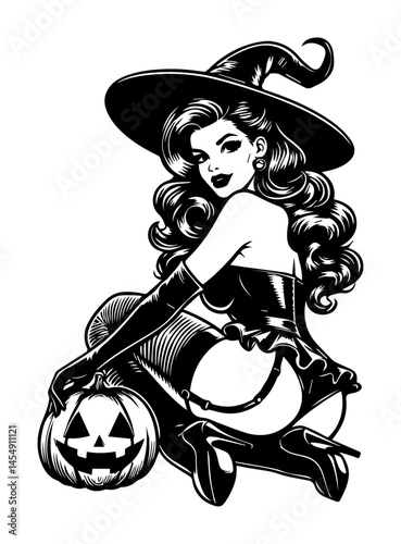 Kneeling Witch Pin-Up with Pointed Hat and Pumpkin, Flirty Vintage Black-Line Vector Pose