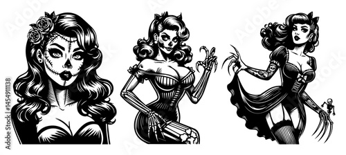Bad-Girl Pin-Up Trio – Retro Noir Femme Fatales with Gun, Knife and Whip, Dramatic Black-White Vector Set