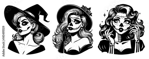 Day-of-the-Dead Pin-Up Triptych – Calavera Makeup Beauties with Flowers and Witch Hat, Elegant Line Vector