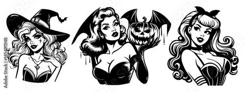 Halloween Pin-Up Collection – Witch, Devil Girl with Jack-o’-Lantern, and Vampire Beauty, Spooky Retro Vector