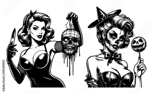 halloween horror pin-up girls with knife and skull vector