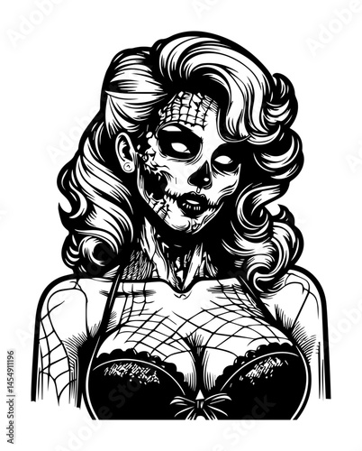 zombie pin-up girl with spiderweb face and creepy stare in horror vector style
