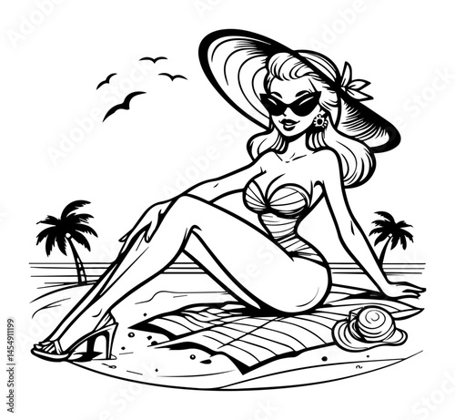 pin-up girl in swimsuit and sunhat relaxing on towel at the beach, retro vector style