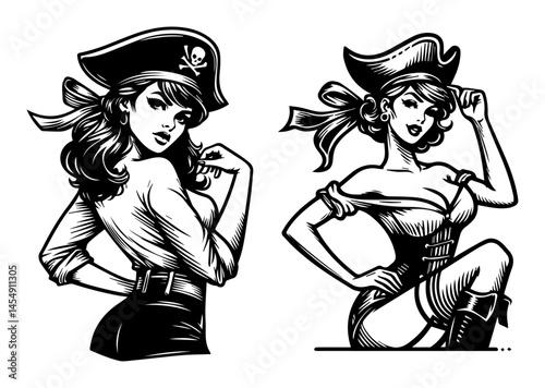 pin-up pirate women in corsets and hats with skull symbols, black and white retro vector