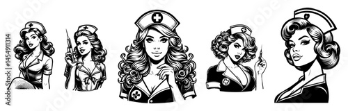 set of retro pin-up nurses in black and white, vintage style women in classic nurse uniforms