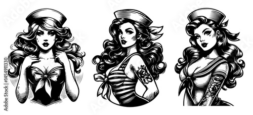 Biker Pin‑Up Girls with Tattoos – Edgy Retro Vector Trio