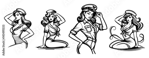 Set of Four Vintage Pin-Up Girls – Playful Sitting Poses, Classic Black-Line Vector Silhouettes