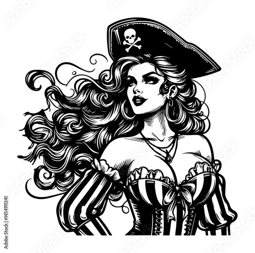 Pirate Pin-Up Beauty – Wild Hair, Tricorn Hat with Skull, Bold Black-and-White Vector Illustration
