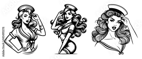 Trio of Glamorous Pin-Up Women – Seductive Poses with Flowing Hair, Elegant Black-Line Vector Collection