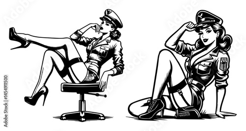 retro vector of seductive military pin-up girls in uniforms, vintage comic line style