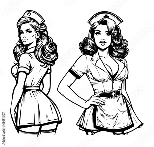 vector of sexy vintage style nurses in pin-up outfits, black and white comic line