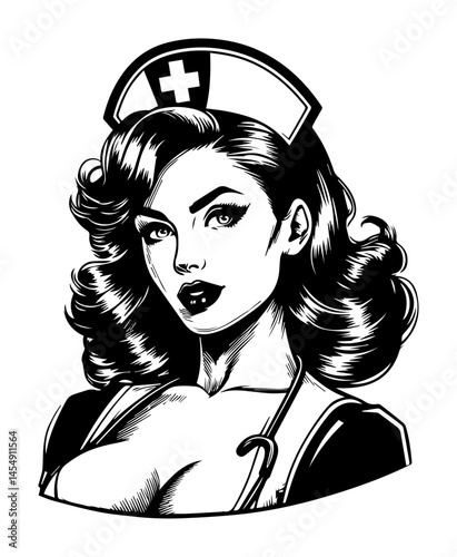 portrait of sexy vintage nurse in pin-up style, black and white vector lineart