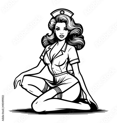 vintage pin-up nurse in sexy uniform, black and white vector illustration