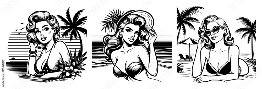 Naklejka premium vintage comic-style bikini girls posing at the beach with palm trees – vector lineart